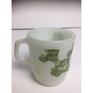 VTG Fire-King Milk Glass Mug Classic Antique Cars Stacking Mug Green Printed